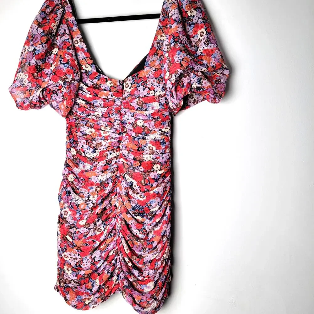Zara Ruched Floral‎ Puff-Sleeve Mini Dress XS Red Purple Cocktail Party Romantic